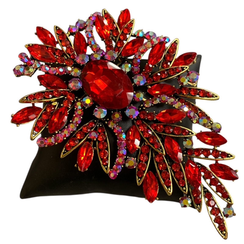 PI573R  RED  RHINESTONE  FLOWER LARGE PIN BROOCH