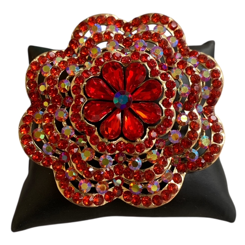 PI575RD RED RHINESTONE  FLOWER LARGE PIN BROOCH
