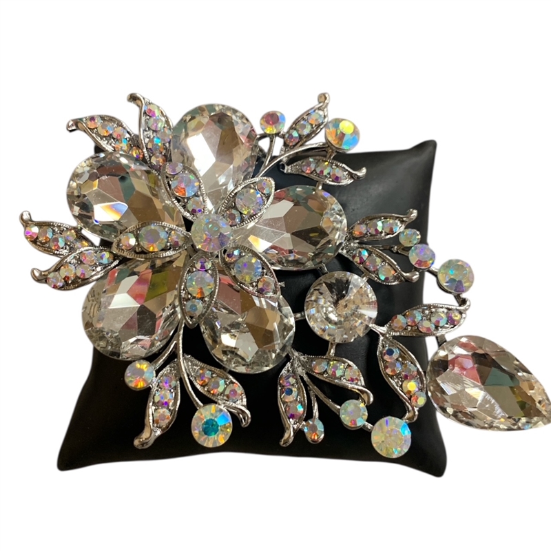 PI577A  AB SILVER  RHINESTONE  FLOWER LARGE PIN BROOCH