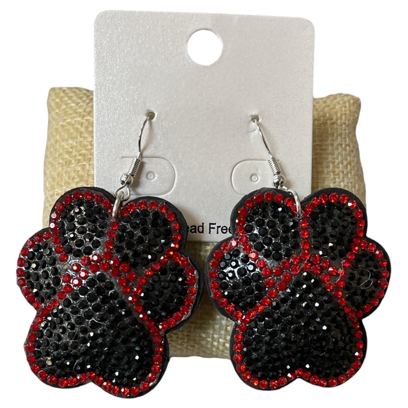 PW01 BLACK & RED PAW RHINESTONE PUFF EARRINGS
