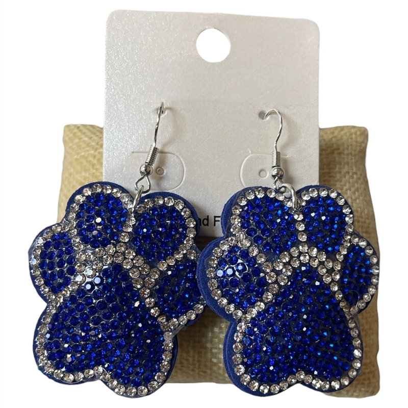 PW02 BLUE & CLEAR PAW RHINESTONE PUFF EARRINGS