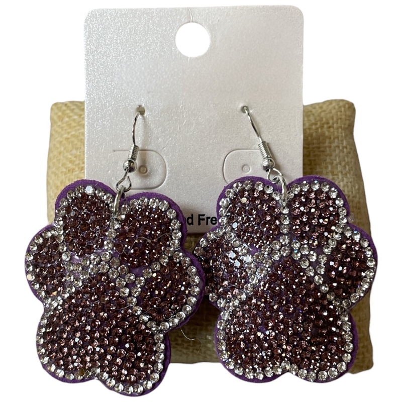 PW03 PURPLE & CLEAR PAW RHINESTONE PUFF EARRINGS