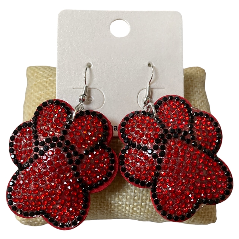 PW04 RED & BLACK PAW RHINESTONE PUFF EARRINGS
