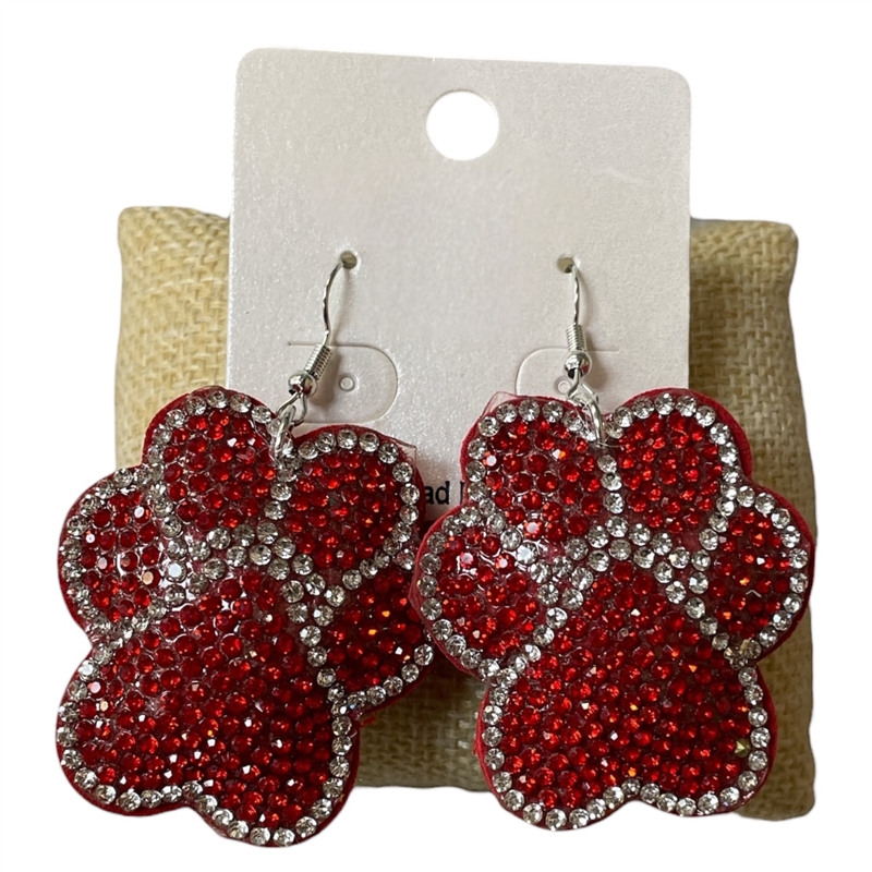 PW05 RED & CLEAR PAW RHINESTONE PUFF EARRINGS