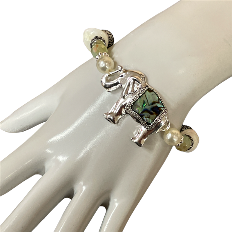 QB-8057 HAMMERED/ABALONE ELEPHANT STRETCH BRACELET