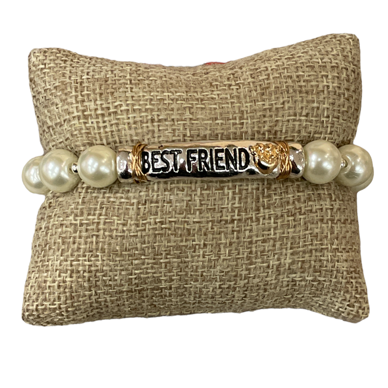 QB-8550 ''BEST FRIEND '' HAMMERED BAR PEARL BRACELET