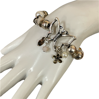 QB-8572 SILVER BUTTERFLY & CHARMS MULTI BEADED BRACELET