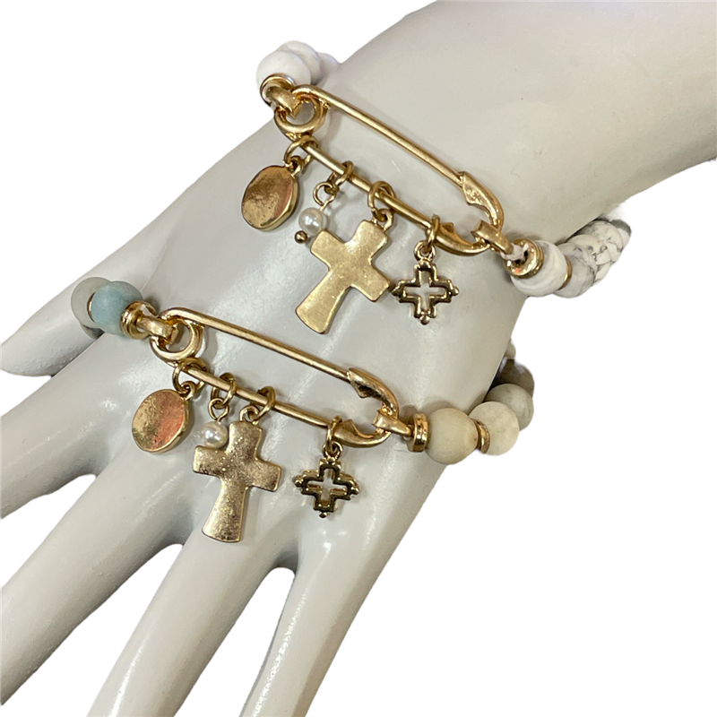 QB2144 GOLD CROSS/PEARL SAFETY PIN CHARMS STONE BRACELET