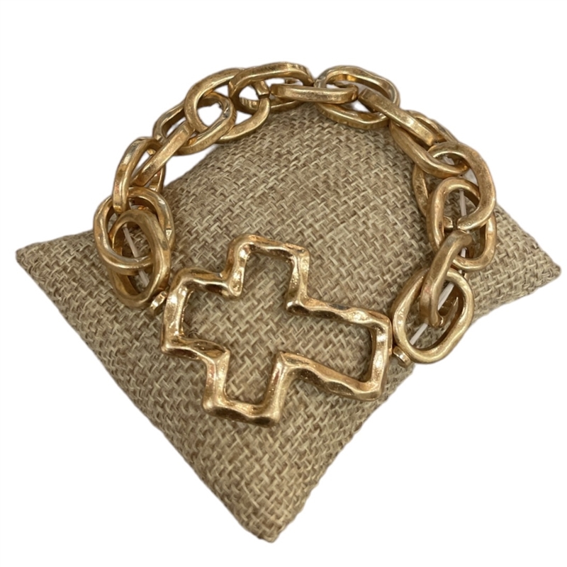 QB2229 HAMMERED CROSS CHUNKY CHAIN LINKS STRETCH BRACELET