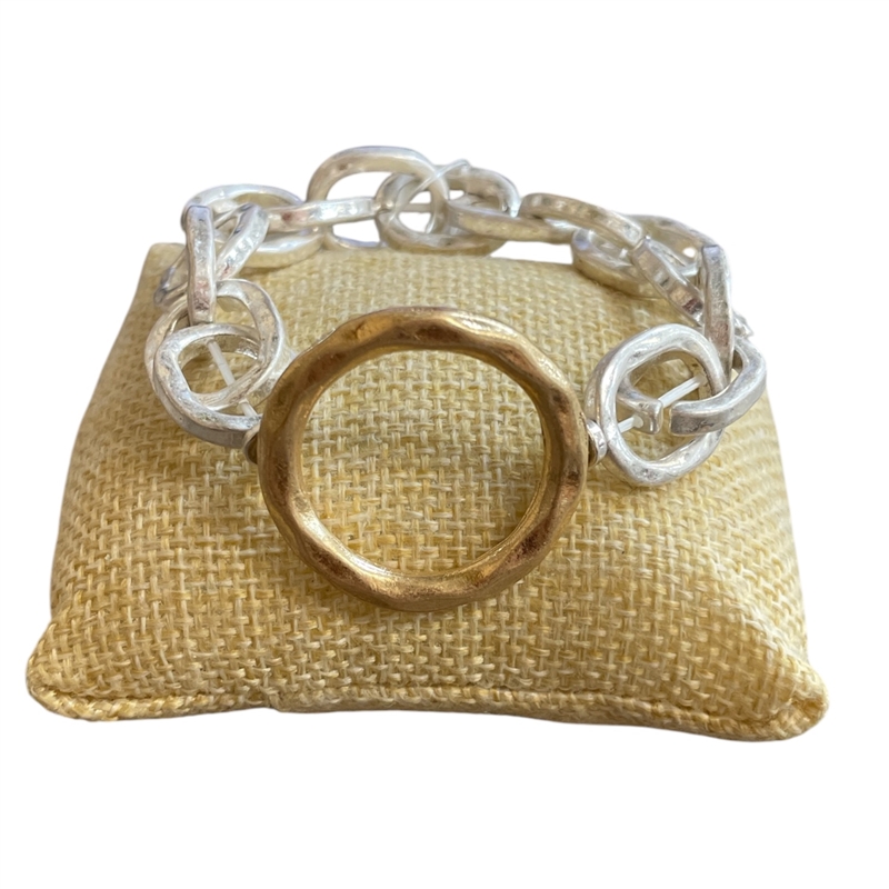 QB2230 TWO TONE HAMMERED OPEN CIRCLE STRETCH BRACELET
