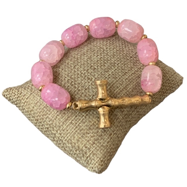 QB2305  HAMMERED CROSS PINK NATURAL STONE BRACELET