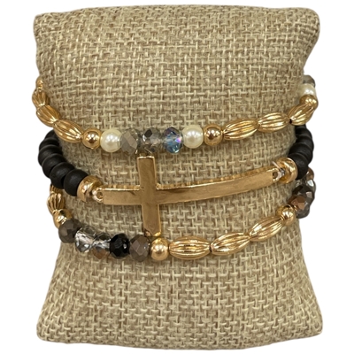 QB2442 WOODEN MULTI BEADED CROSS BRACELET SET