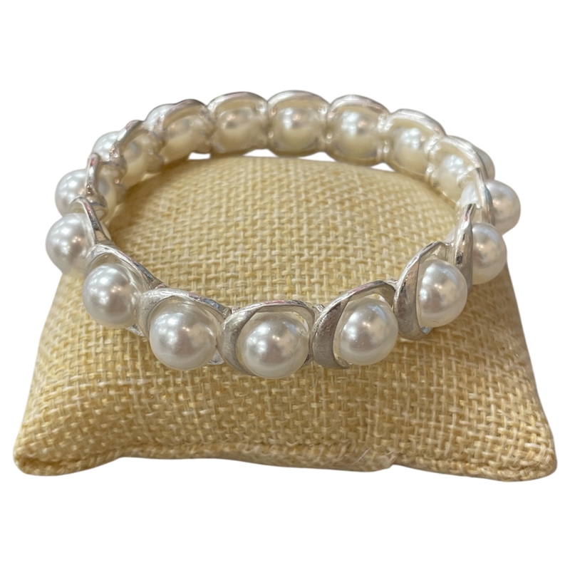 QB2515W MATTE SILVER PEARL BEADED STRETCH BRACELET