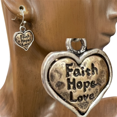 QE-3159 HAMMERED HEART ''FAITH,HOPE,LOVE'' EARRING