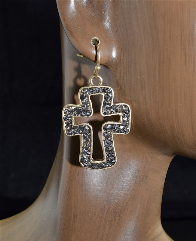 QE-4093 HEMATITE CUT-OUT CROSS EARRINGS