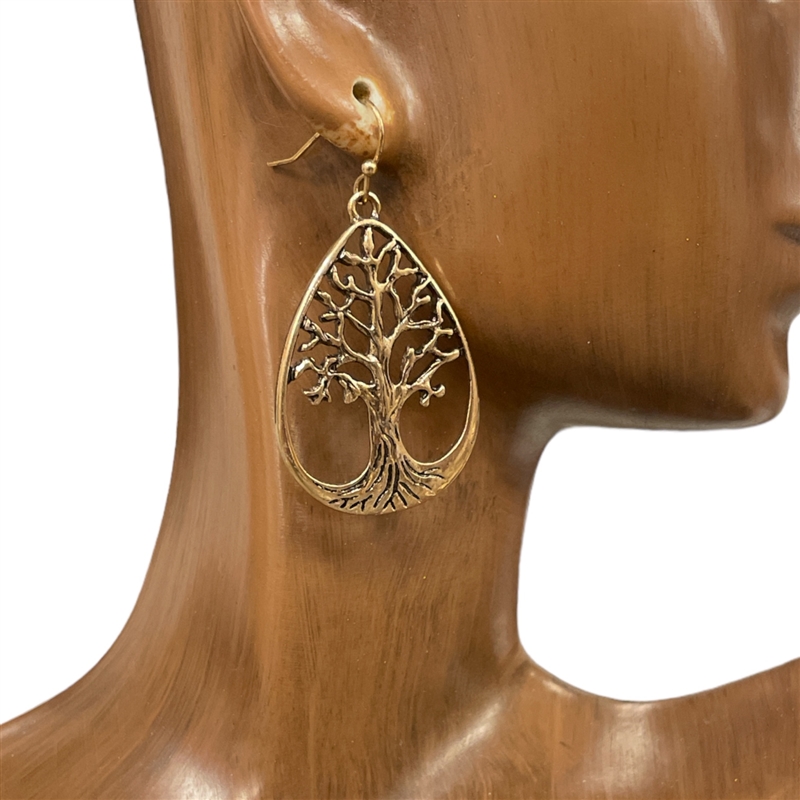QE-5214 ANTIQUE GOLD  TREE OF LIFE EARRINGS