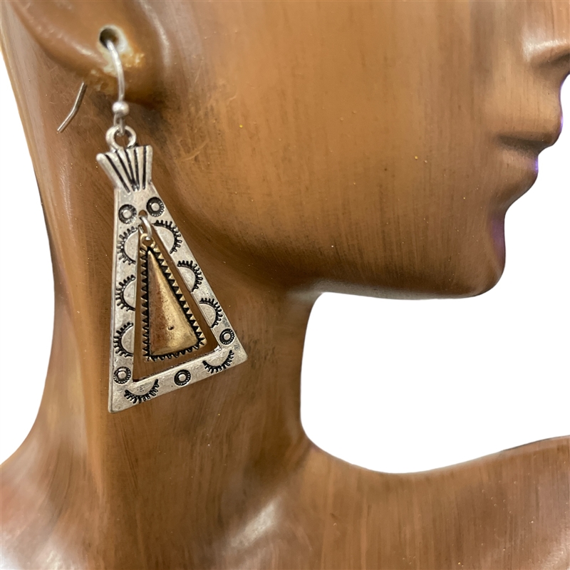 QE-5527  ANTIQUE TWO TONE TRIANGLE  EARRINGS