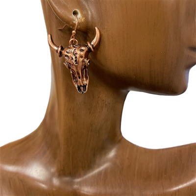 QE-6120 COPPER COW SKULL HEAD EARRINGS