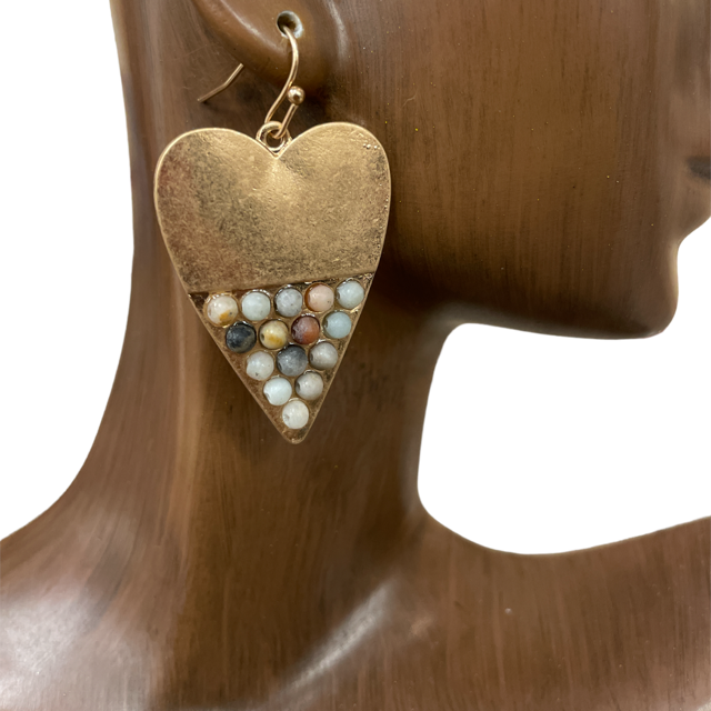 QE2010-1 HAMMERED HEART & NATURAL STONE EARRINGS