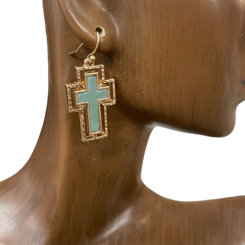 QE2286-1 SMALL SEMI-PRECIOUS STONE CROSS  EARRINGS