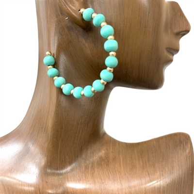 QE2291 WOODEN  TWO TONE  BEADED OPEN HOOP EARRINGS