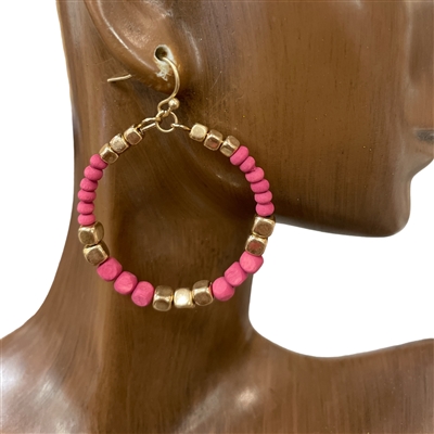 QE2383 WOODEN TWO TONE HOOP EARRINGS