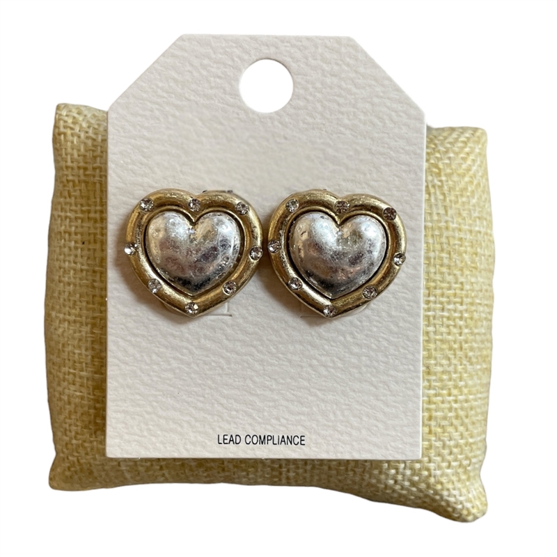 QE2828W MATTE TWO TONE HEART STUD EARRINGS