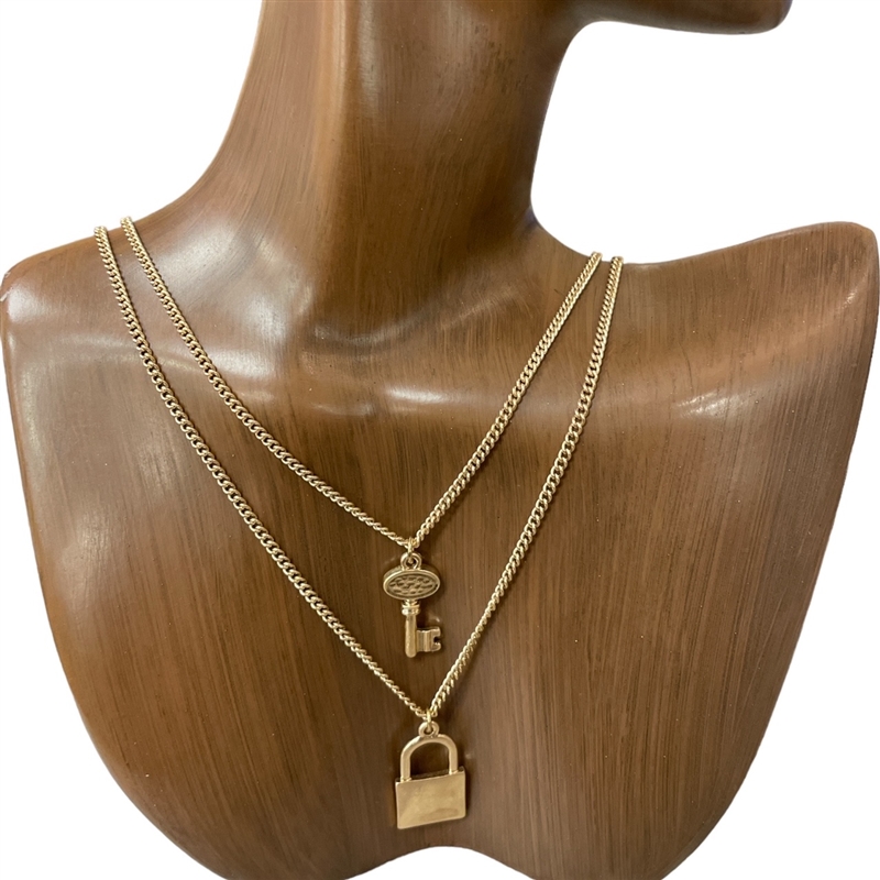 QN4149 SHAMMERED KEY & LOCK 2 LAYER NECKLACE