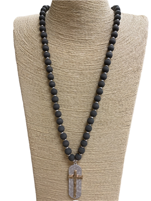 QN4476 TWO TONE  CROSS WOODEN   LONG  NECKLACE