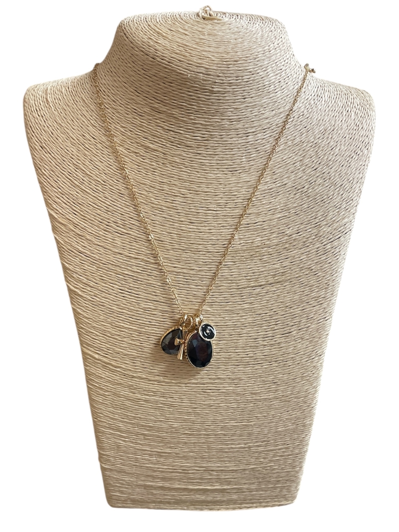 QN4719 SMALL CROSS & BLACK CHARMS  SHORT NECKLACE