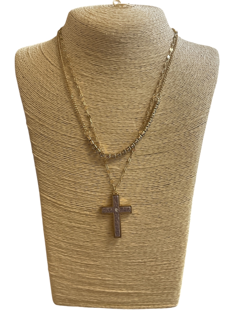QN4772 RHINESTONE DOUBLE CHAIN CROSS NECKLACE