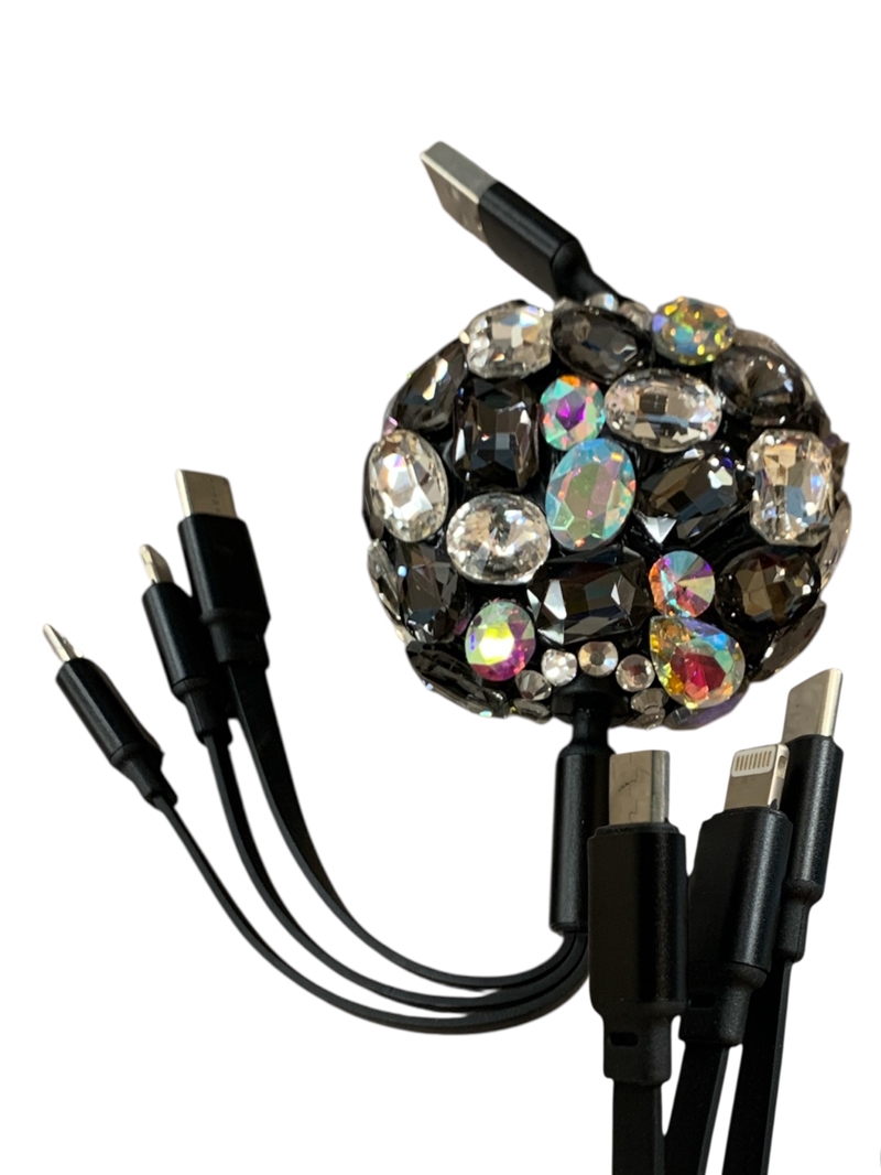 R002 BLACK CHUNKY STONE 3 IN 1 RETRACTABLE MULTIPLE CHARGERS