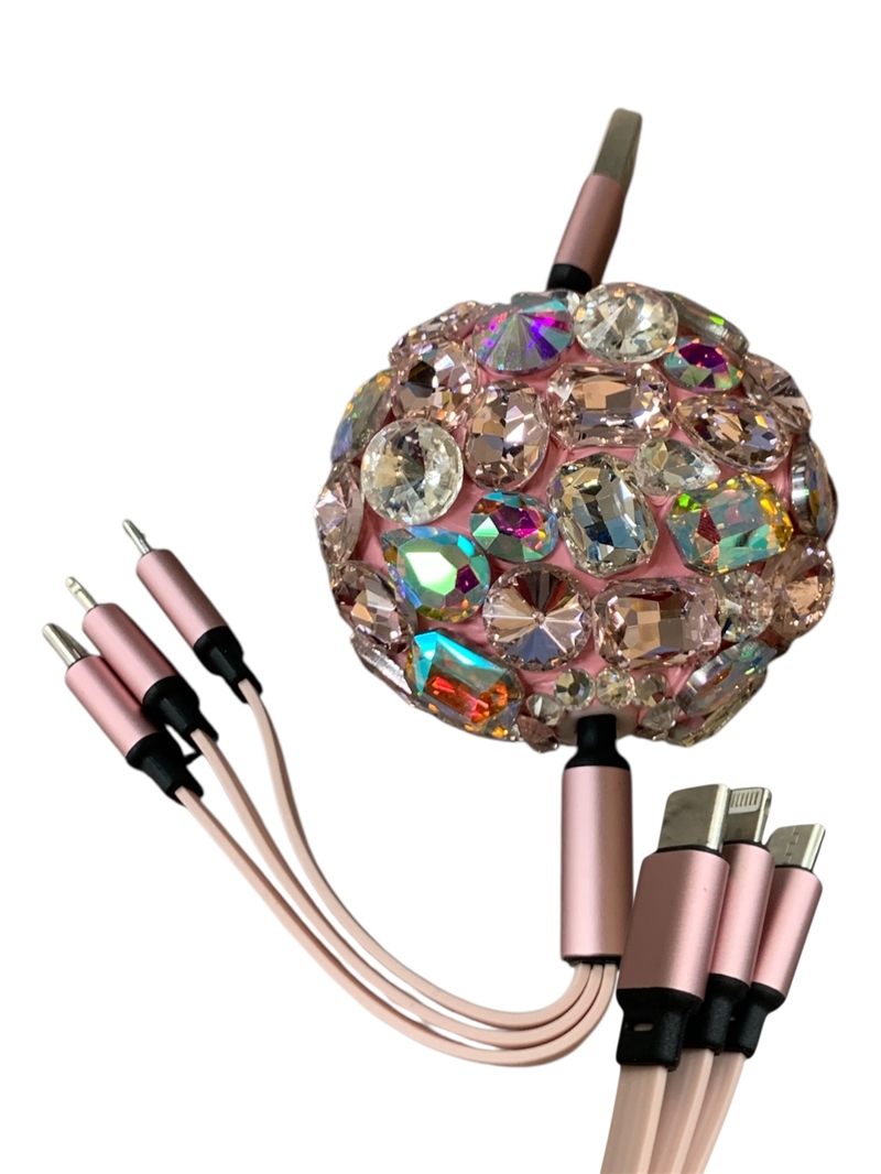 R003 PINK CHUNKY STONE 3 IN 1 RETRACTABLE MULTIPLE CHARGERS