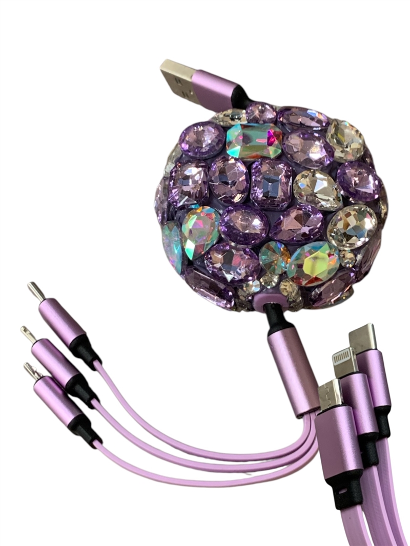 R004 PURPLE CHUNKY STONE 3 IN 1 RETRACTABLE MULTIPLE CHARGERS