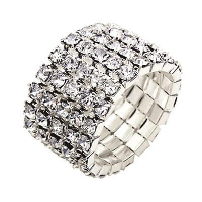 R0930 FIVE LINE RHINESTONE STRETCH SILVER RING