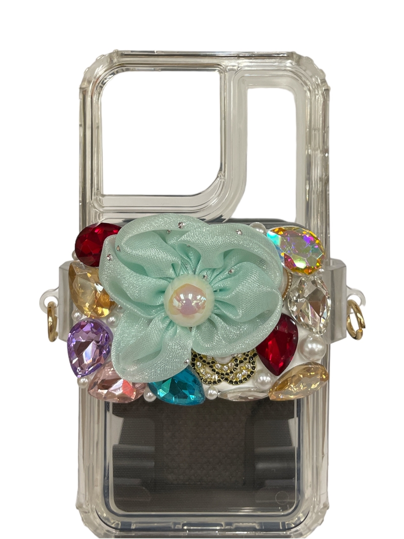 S80MM  MINT FLOWER MULTI COLOR STONE ADJUSTABLE CELLPHONE HOLDER