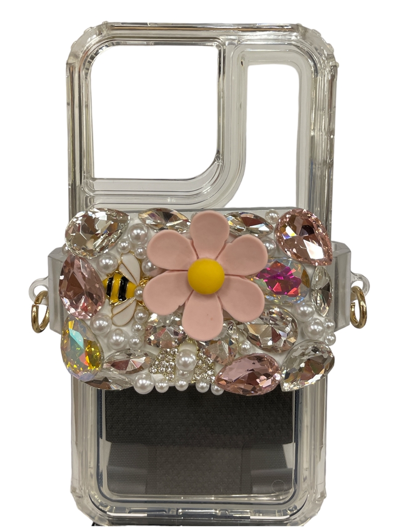 S80P PINK FLOWER & STONE ADJUSTABLE  CELLPHONE HOLDER