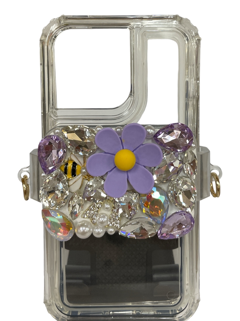 S80PL PURPLE FLOWER & STONE ADJUSTABLE  CELLPHONE HOLDER