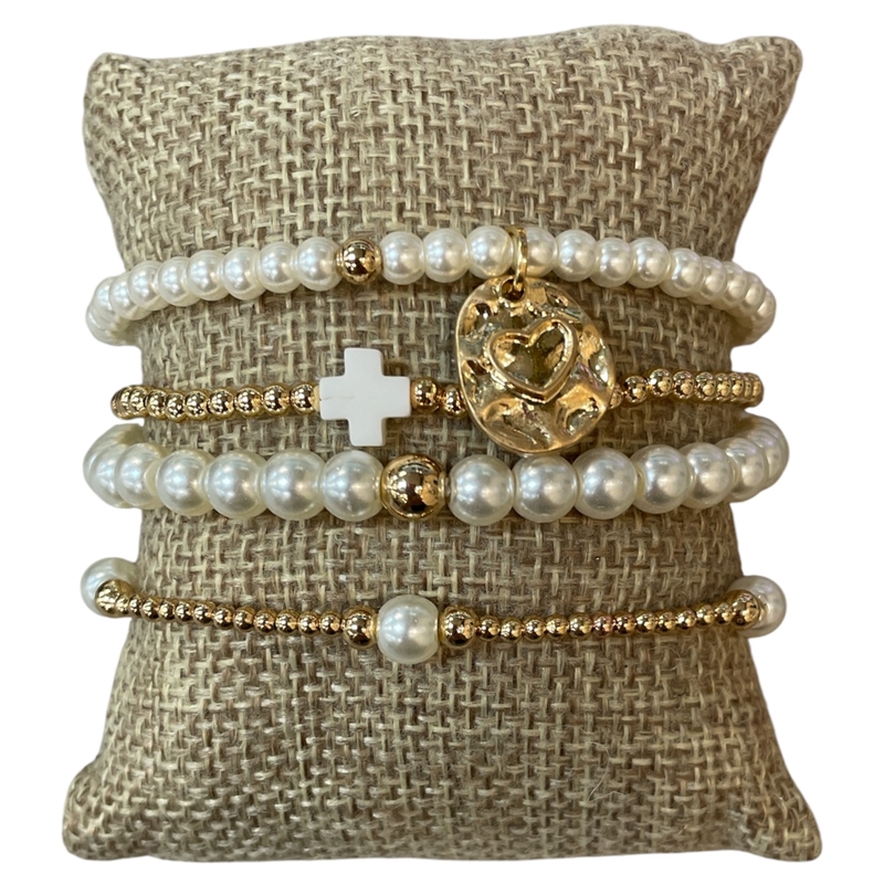 SB1225 CROSS & HEART CHARM PEARL BEADED BRACELET