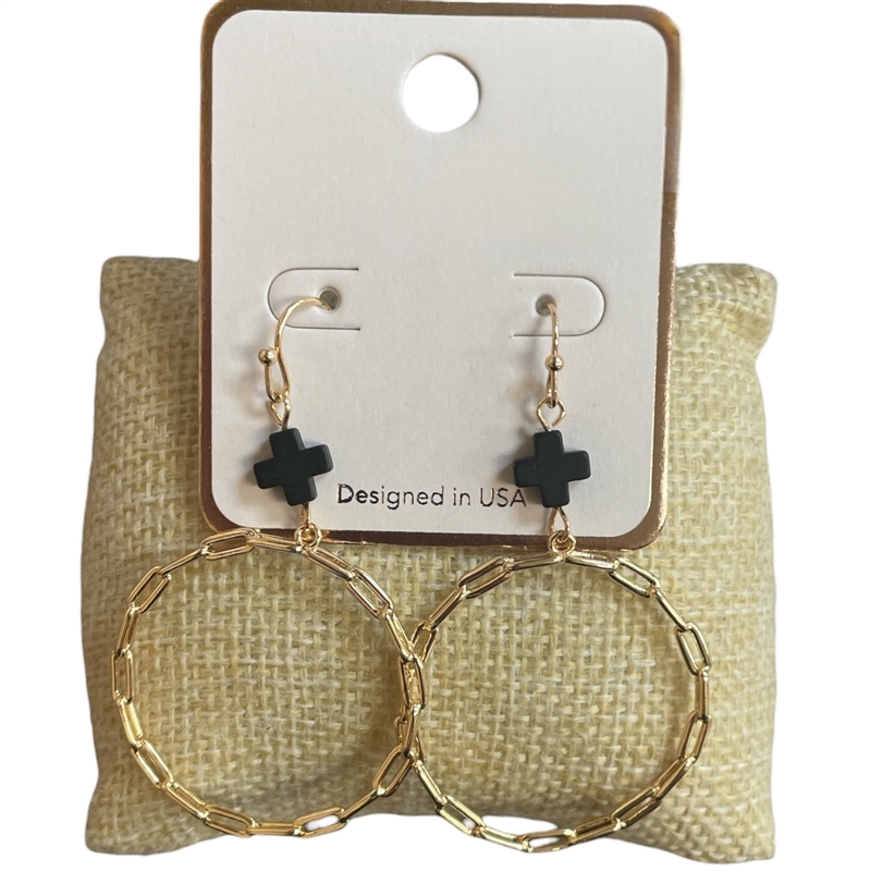 SE1069-1 SMALL CROSS CHAIN LINK CIRCLE DANGLE EARRINGS-1