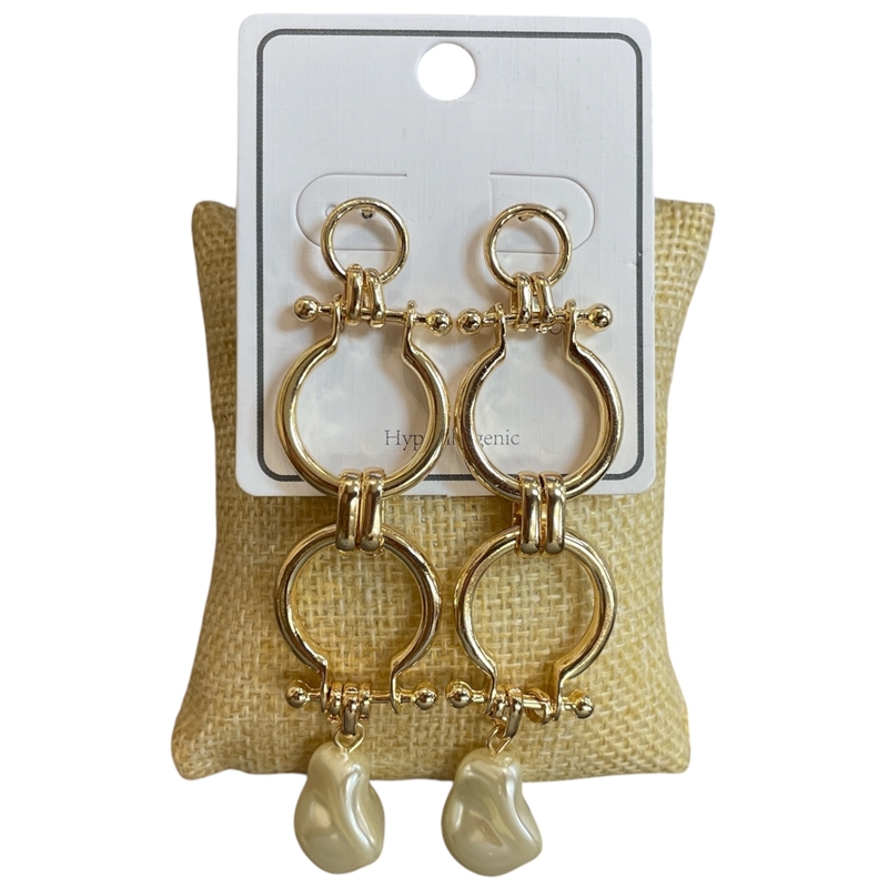 SEA059 GOLD LARGE CIRCLE LINK PEARL DROP POST  DANGLE EARRINGS