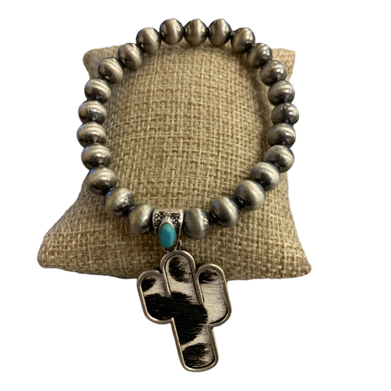 SJB2204  CACTUS FUR  GENUINE LEATHER  STRETCH BEADED BRACELET