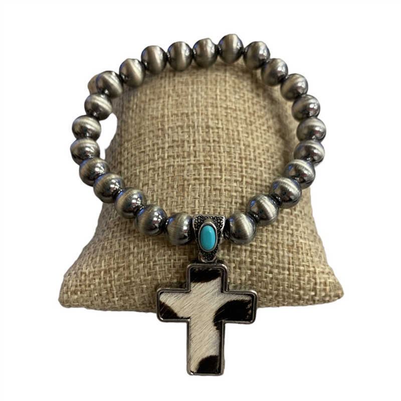 SJB2205 CROSS FUR GENUINE LEATHER  STRETCH BEADED BRACELET