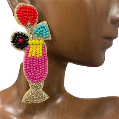 SKE-0318 MULTI COLOR SEED BEAD COCKTAIL CUP DANGLE EARRINGS