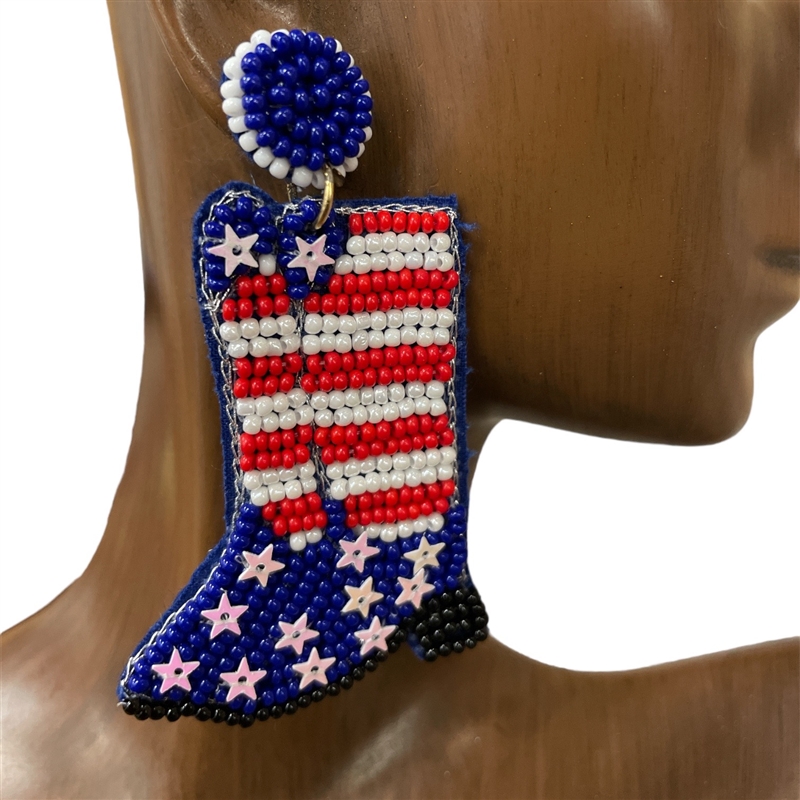 SKE-0700 FLAG COWBOY BOOTS BEAD DANGLE EARRINGS