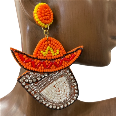 SKE-0988 ORANGE MULTI SOMBRERO TEQUILA SHOT SEED BEAD POST EARRINGS