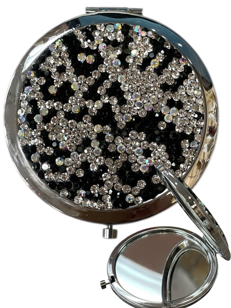 SM2ABM   BLACK  MULTI  RHINESTONE COMPACT DOUBLE-SIDE MIRROR