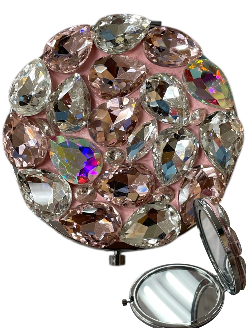 SM3PK  AB PINK CHUNKY CRYSTAL COMPACT DOUBLE-SIDE MIRROR