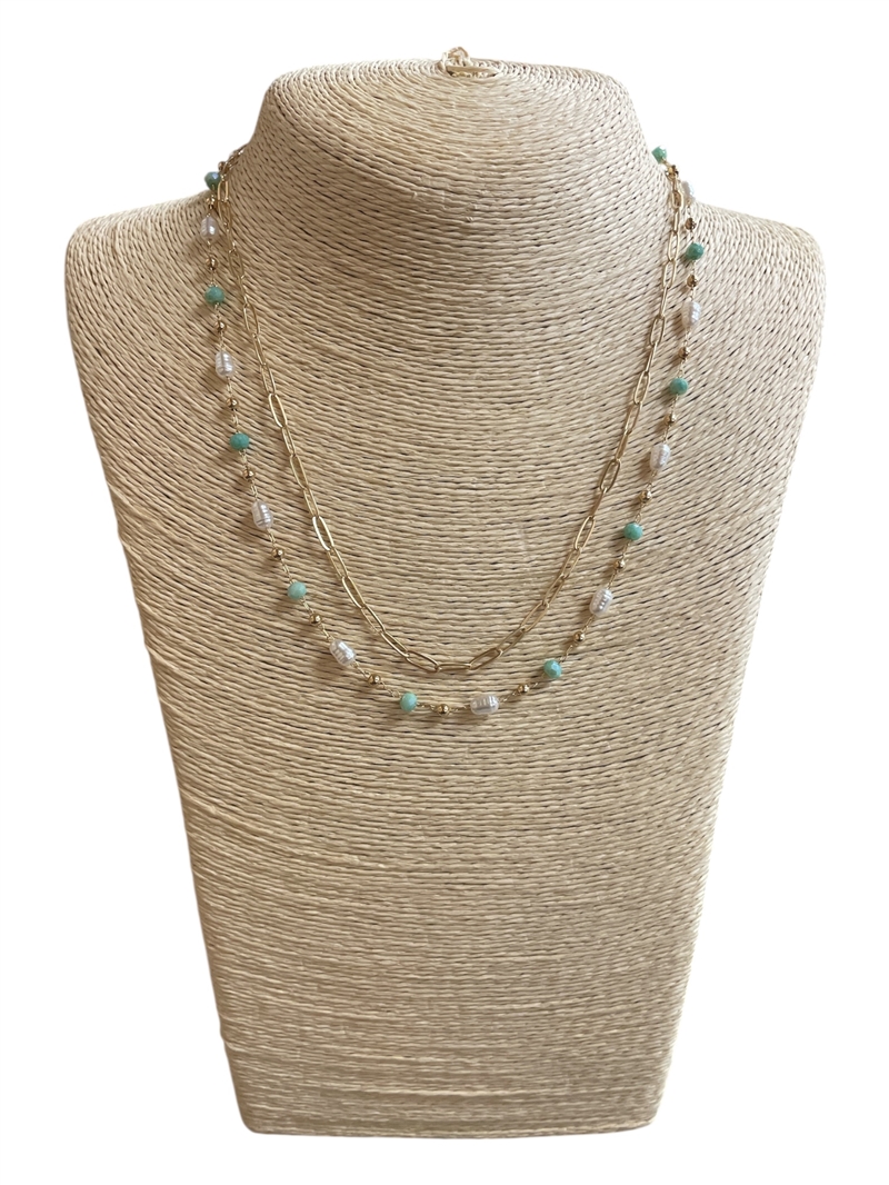 SN1008 DOUBLE CHAIN CRYSTAL & PEARL SHORT NECKLACE