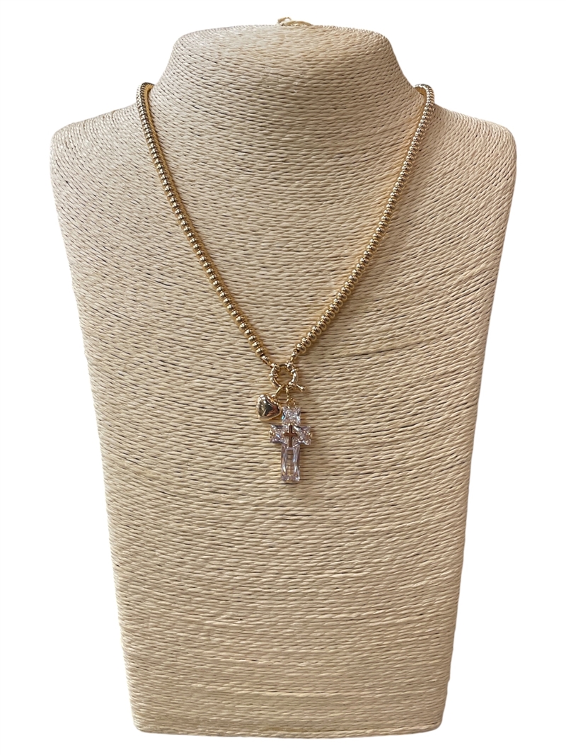 SN1009 BEADED CRYSTAL CROSS & HEART NECKLACE